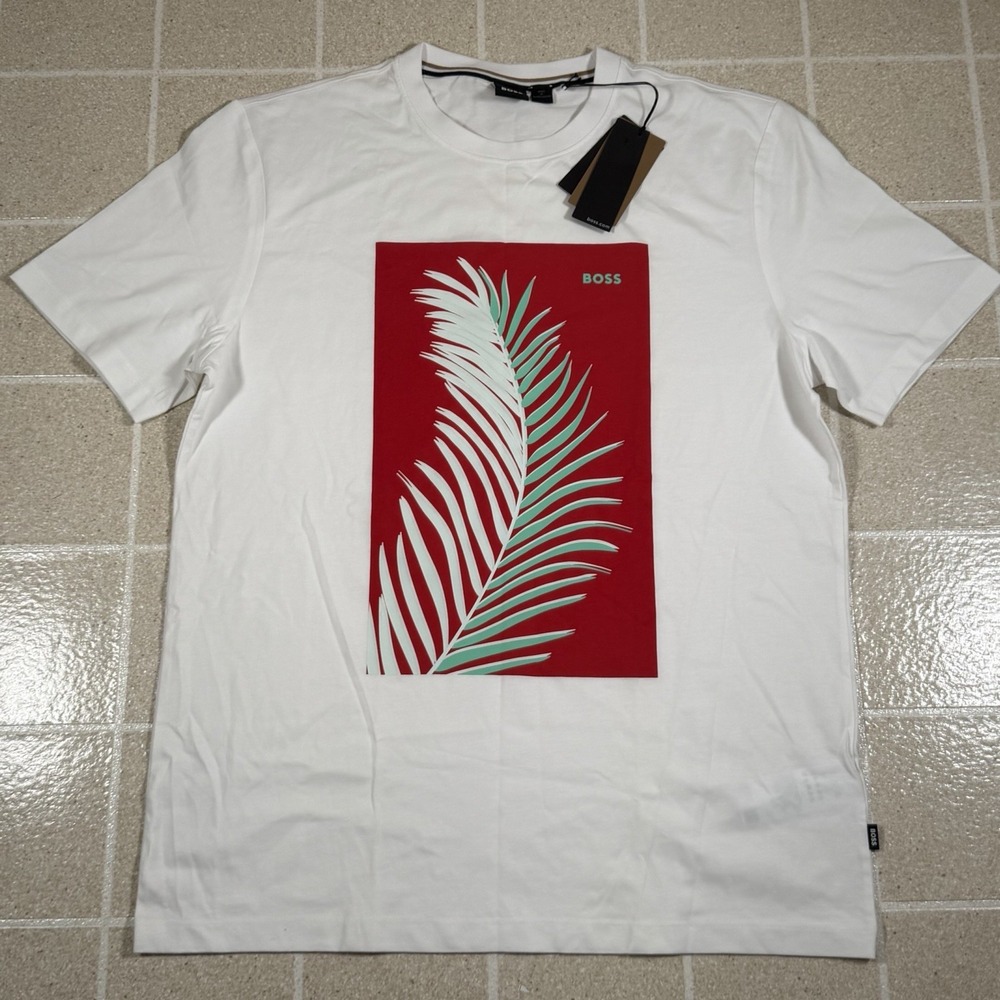 Hugo Boss T-Shirt Mens XL Tiburt 328 Palm Leaf Red White Graphic NWT